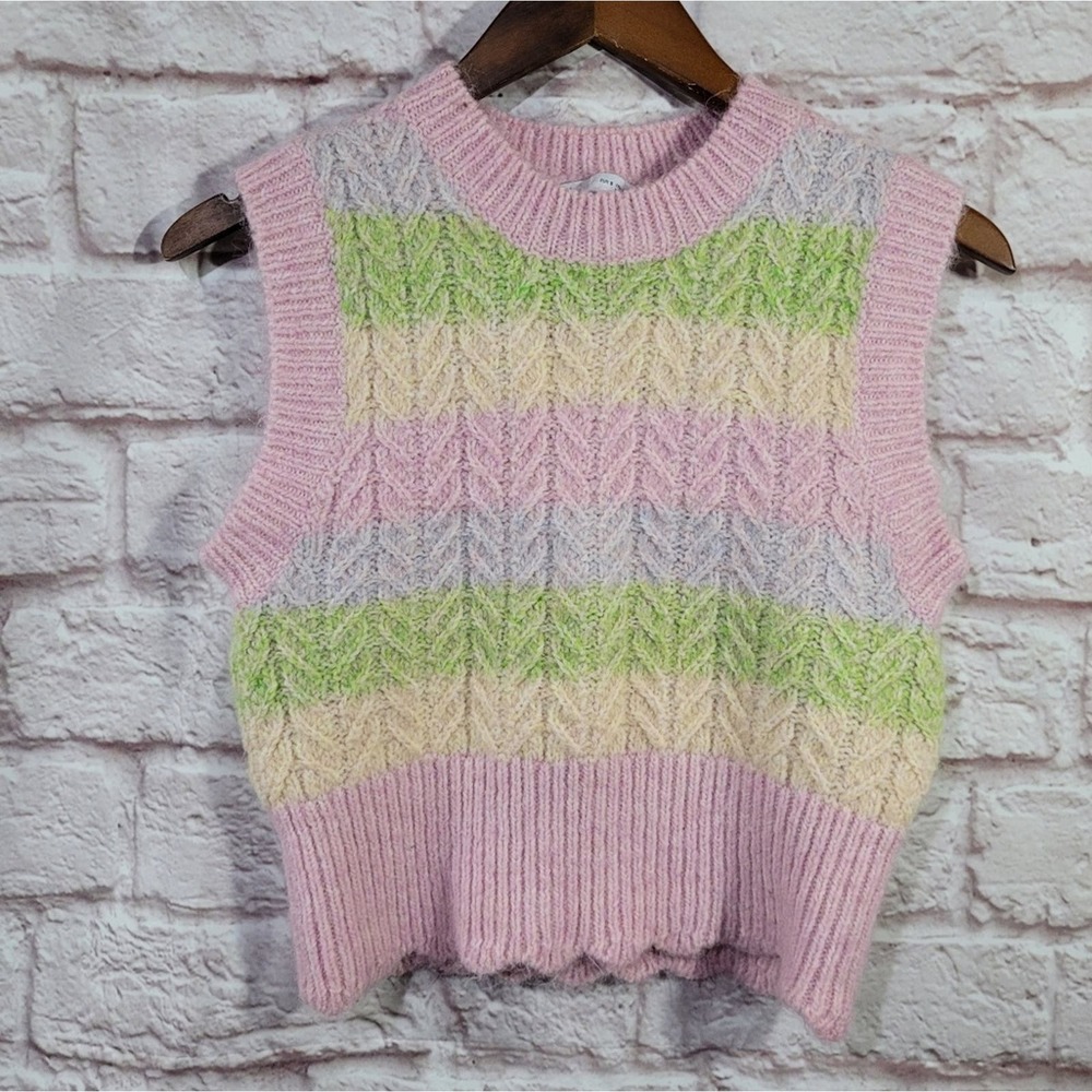 Zara Pastel Pink Striped Alpaca Wool Crotchet Knit Cropped Sleeveless Sweater